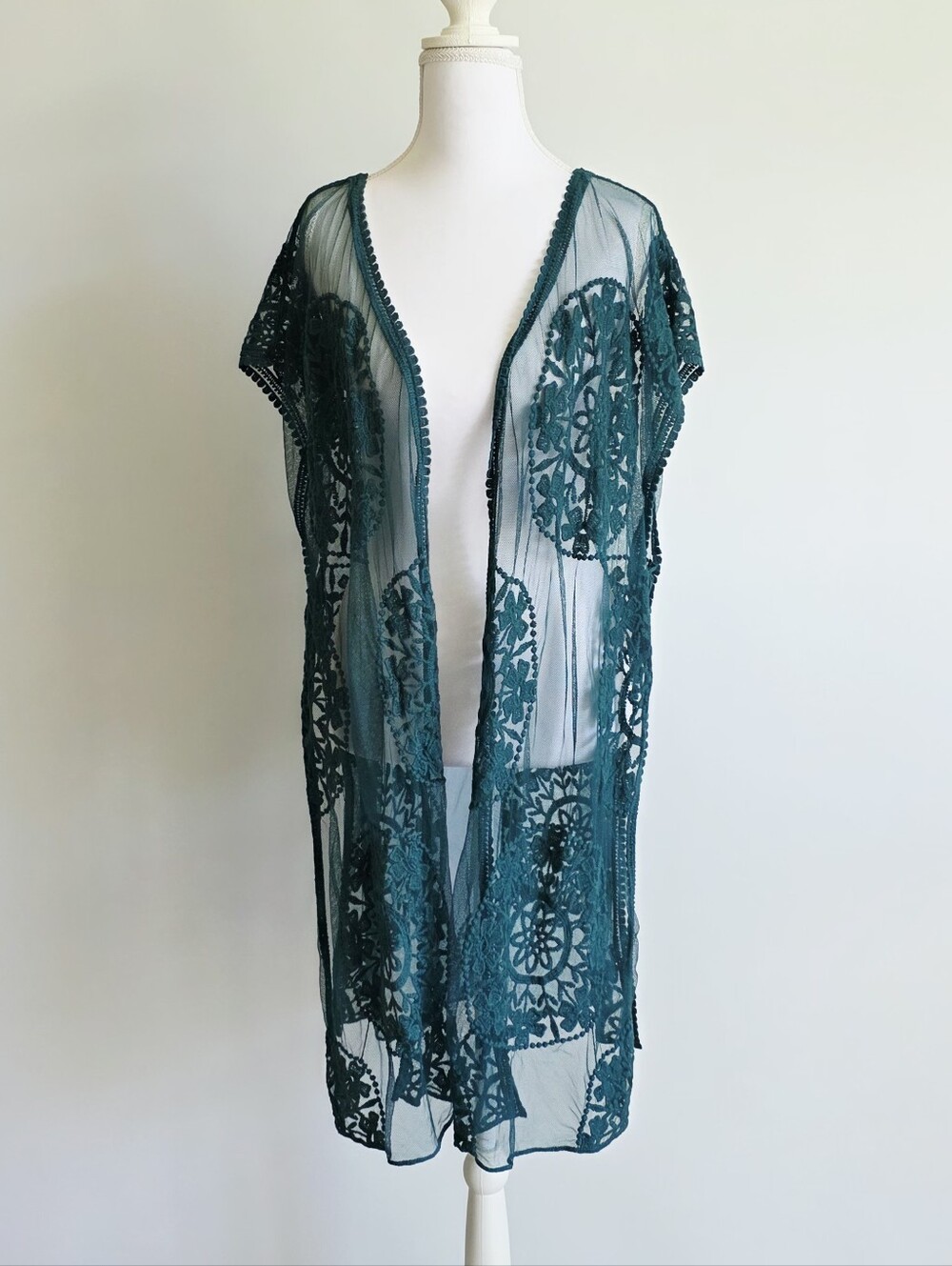 Shyanne Sheer Teal Lace Lightweight Open Kimono Cover-Up Women's One Size